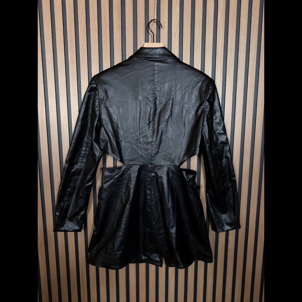 New Zara Jacket Large Womens Black Vegan Leather Cut Out Trench Double-Breasted - Picture 2 of 10